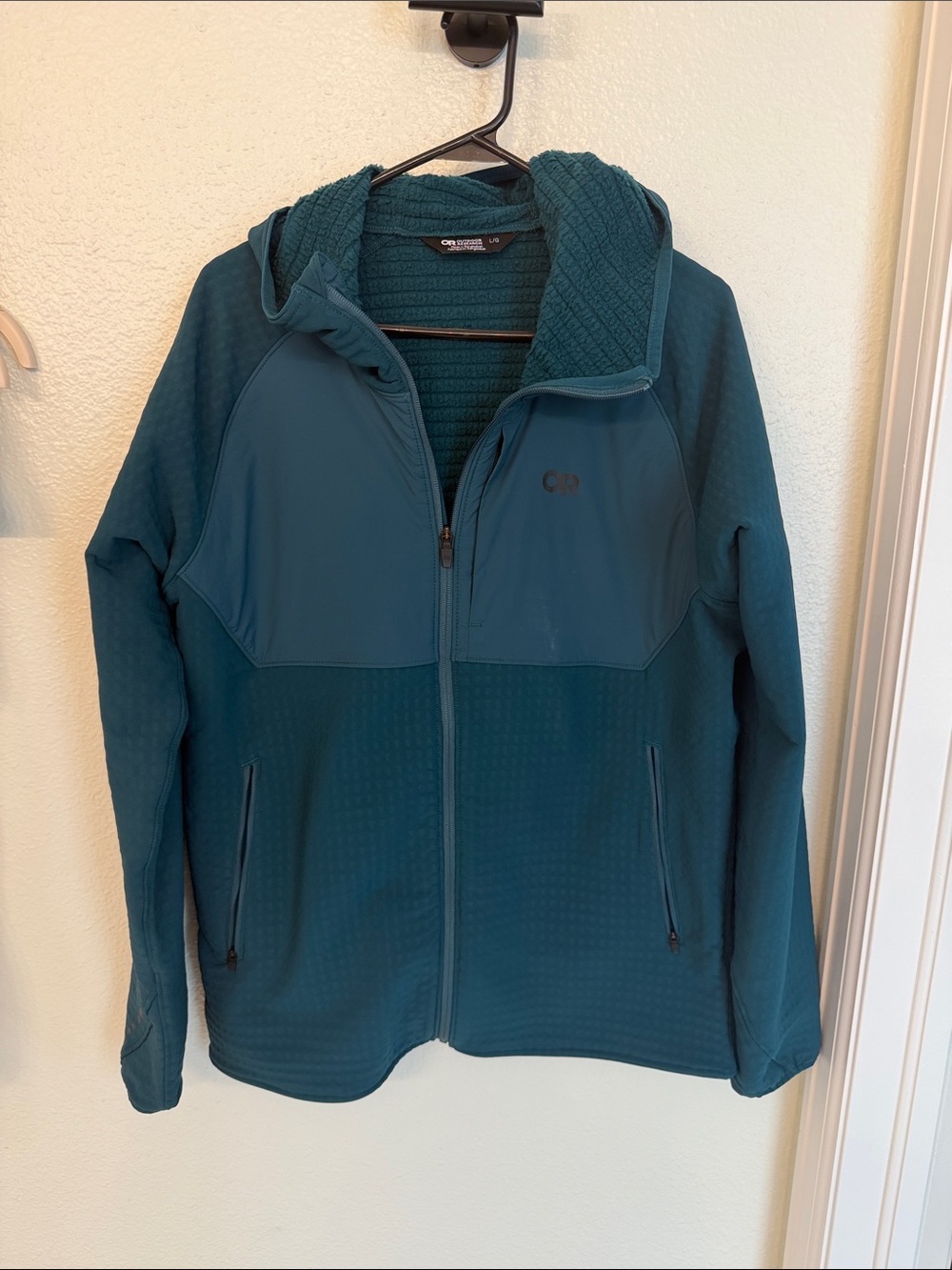 Outdoor Research Vigor Hybrid Hooded Jacket Men’s L Teal Grid Fleece OR